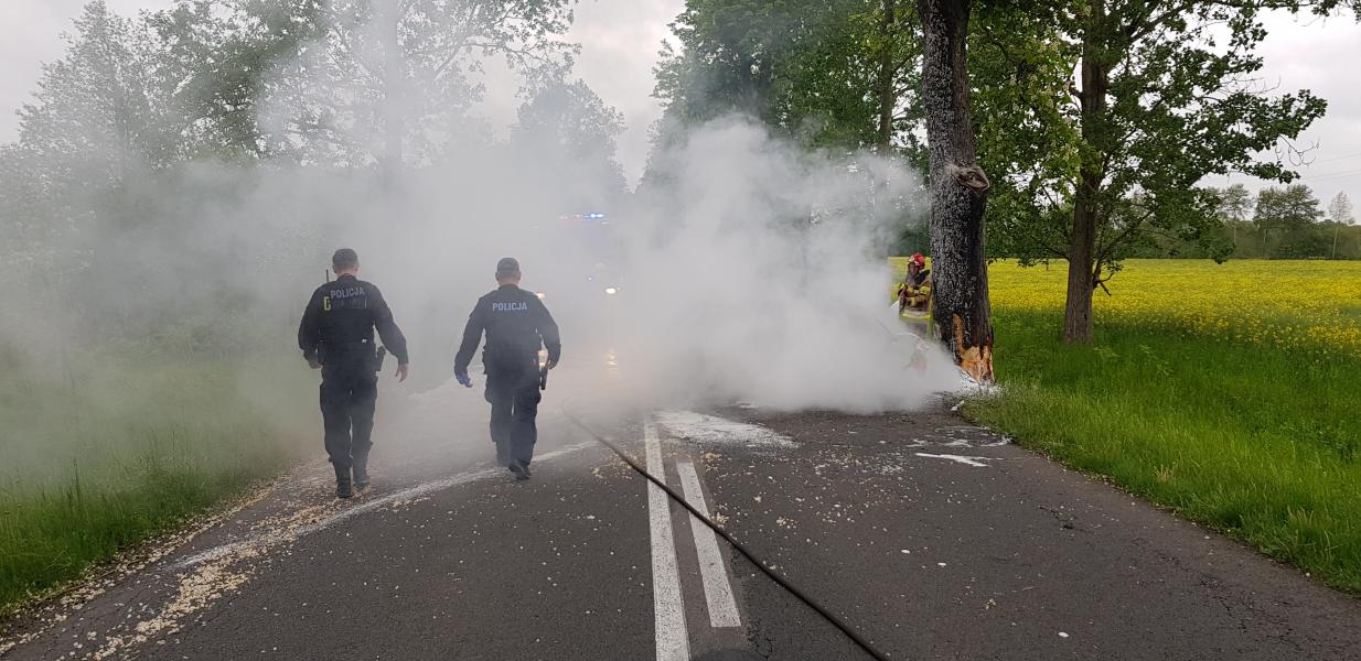 Tragiczny wypadek pod Tychowem! Kierowca spłonął po czołowym uderzeniu w drzewo.