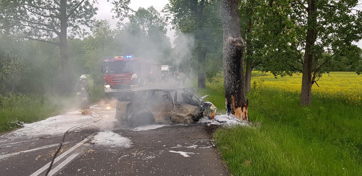 Tragiczny wypadek pod Tychowem! Kierowca spłonął po czołowym uderzeniu w drzewo.