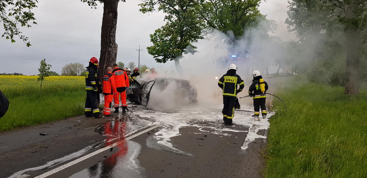 Tragiczny wypadek pod Tychowem! Kierowca spłonął po czołowym uderzeniu w drzewo.