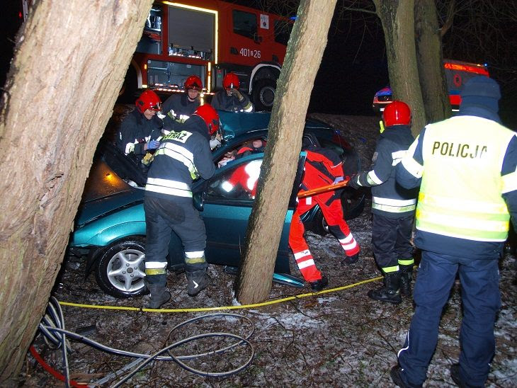 Poważny wypadek. Auto wypadło z drogi i uderzyło w drzewo.