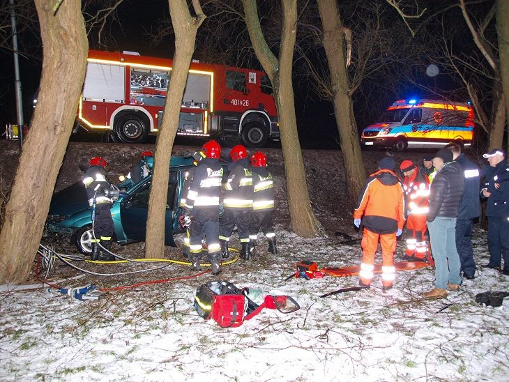 Poważny wypadek. Auto wypadło z drogi i uderzyło w drzewo.