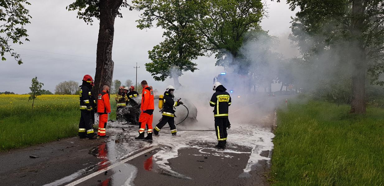 Tragiczny wypadek pod Tychowem! Kierowca spłonął po czołowym uderzeniu w drzewo.