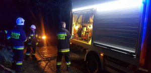 Pożar lasu przy drodze Karwin – Domacyno. W akcji trzy zastępy straży pożarnej.