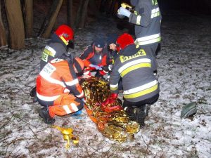 Poważny wypadek. Auto wypadło z drogi i uderzyło w drzewo.