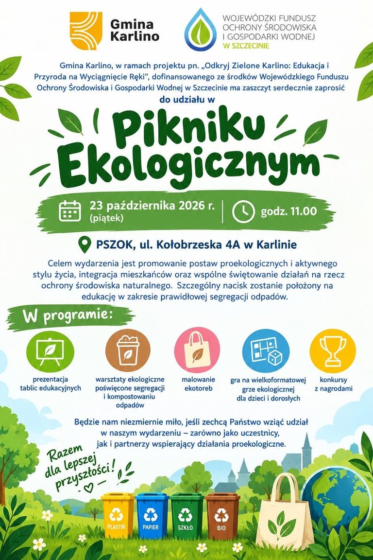 Piknik Ekologiczny w Karlinie. Warsztaty, ekotorby i konkursy 23 października